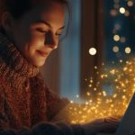 Image of a business woman sitting at her laptop with a golden magical glow flowing from the screen and Christmas lights in the background