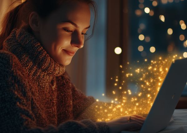 Image of a business woman sitting at her laptop with a golden magical glow flowing from the screen and Christmas lights in the background