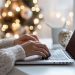 Business woman sitting at her laptop with a festive Christmas tree in the background