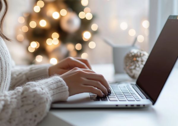 Business woman sitting at her laptop with a festive Christmas tree in the background